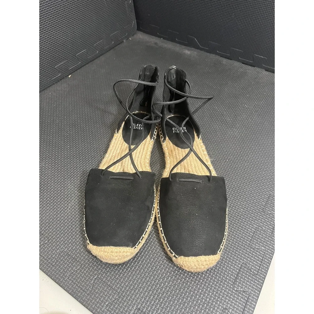 Eileen Fisher Espadrille Sandals Womens 9 Black Lace Up Suede Back Zip Flat